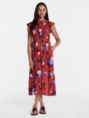 Time and Tru Rust Red Floral Midi Dress with Blue & Pink Blooms, size L